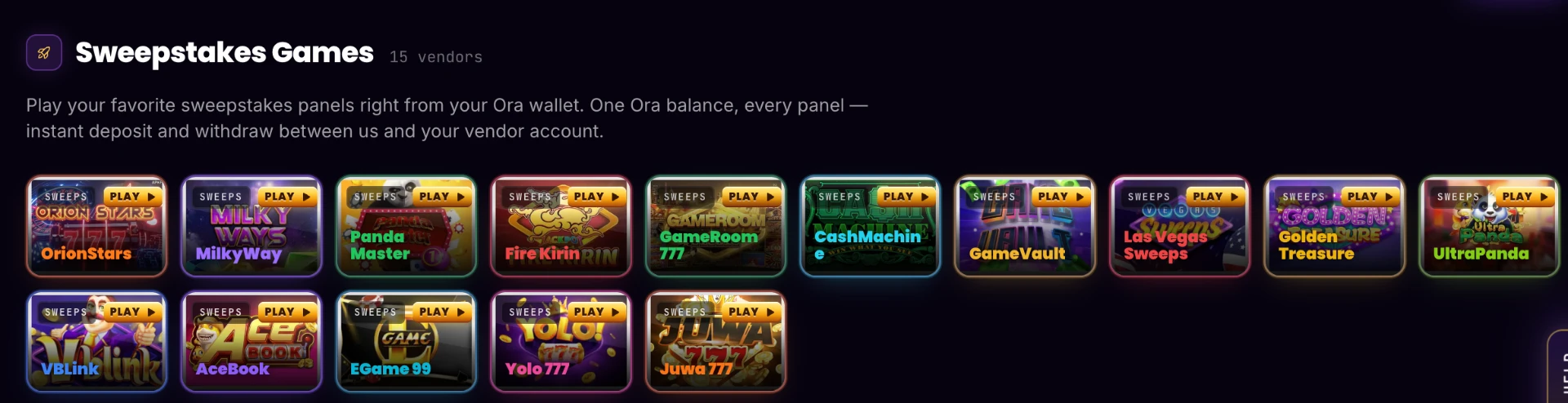 Grid of sweepstakes game vendors available on Ora.games